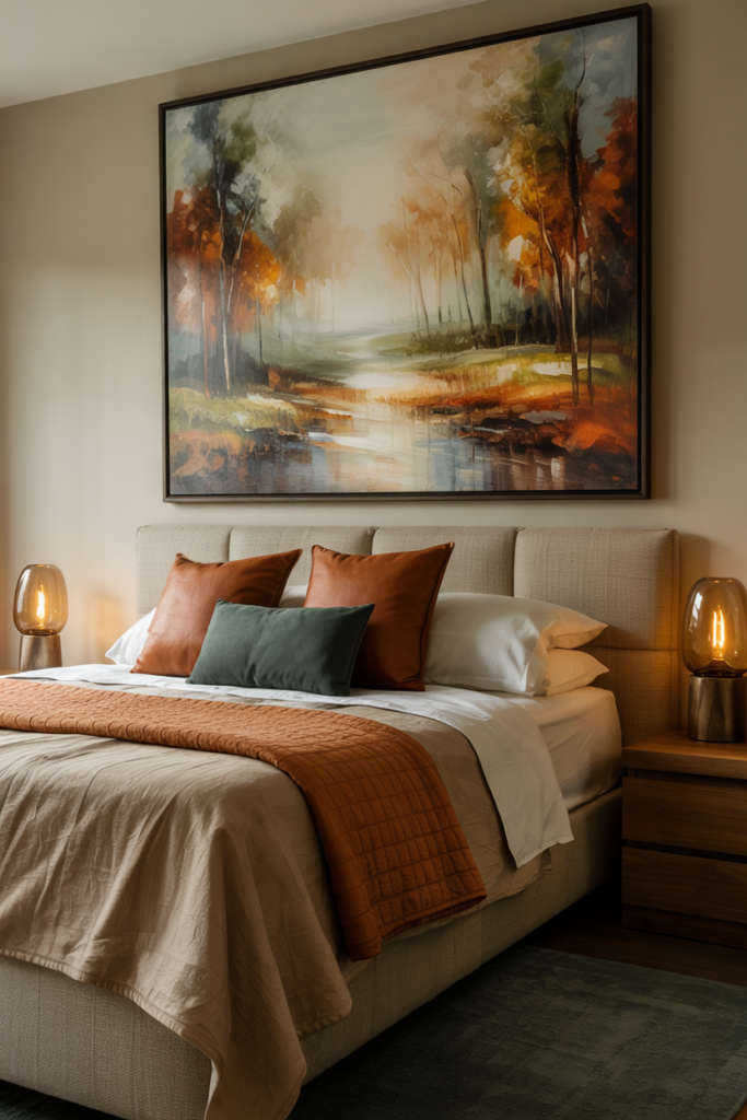 Cozy modern bedroom with abstract landscape fall forest art in warm ochre, rust, and moss tones hanging above the bed.
