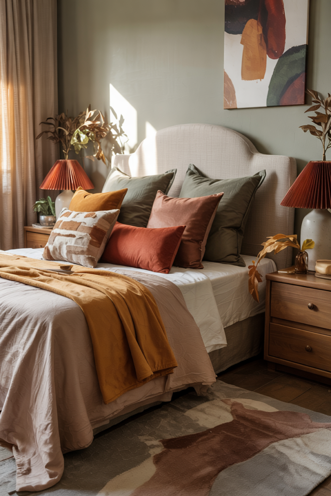 Contemporary fall bedroom styled with accent pillows in the 2025 autumn color palette, featuring shades of rust, olive, ochre, and taupe.