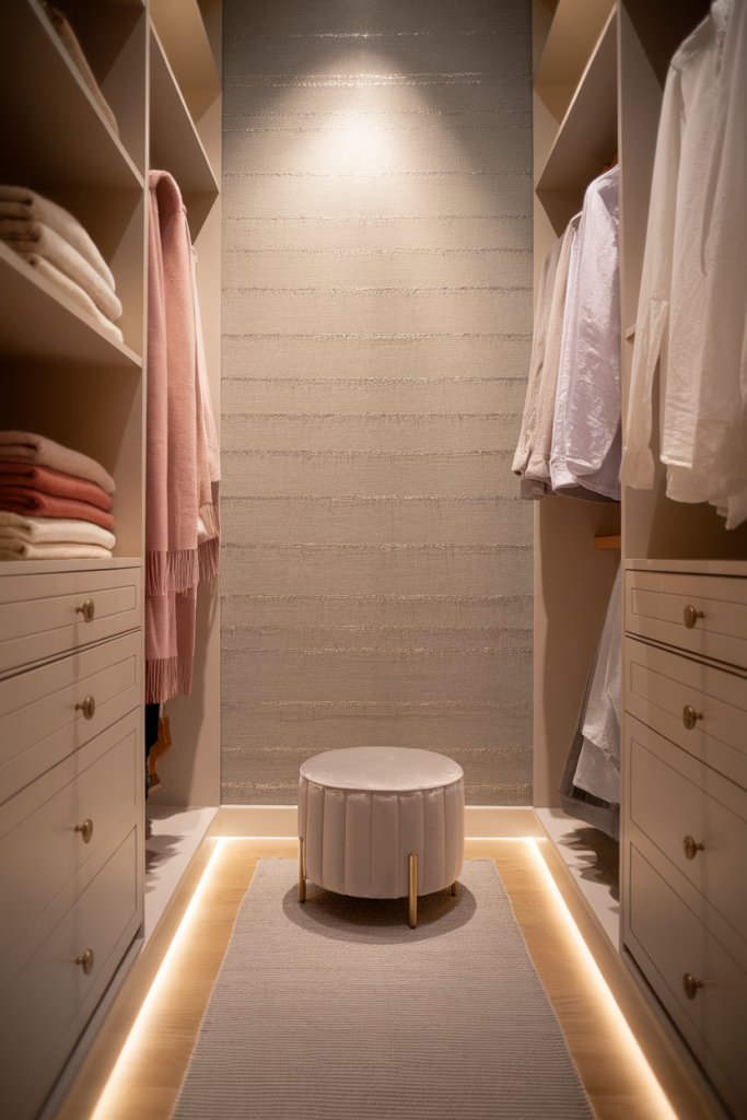 Compact closet with silver-accented wallpaper, folded cashmere, trench coats, and a soft velvet ottoman under warm LED lighting.