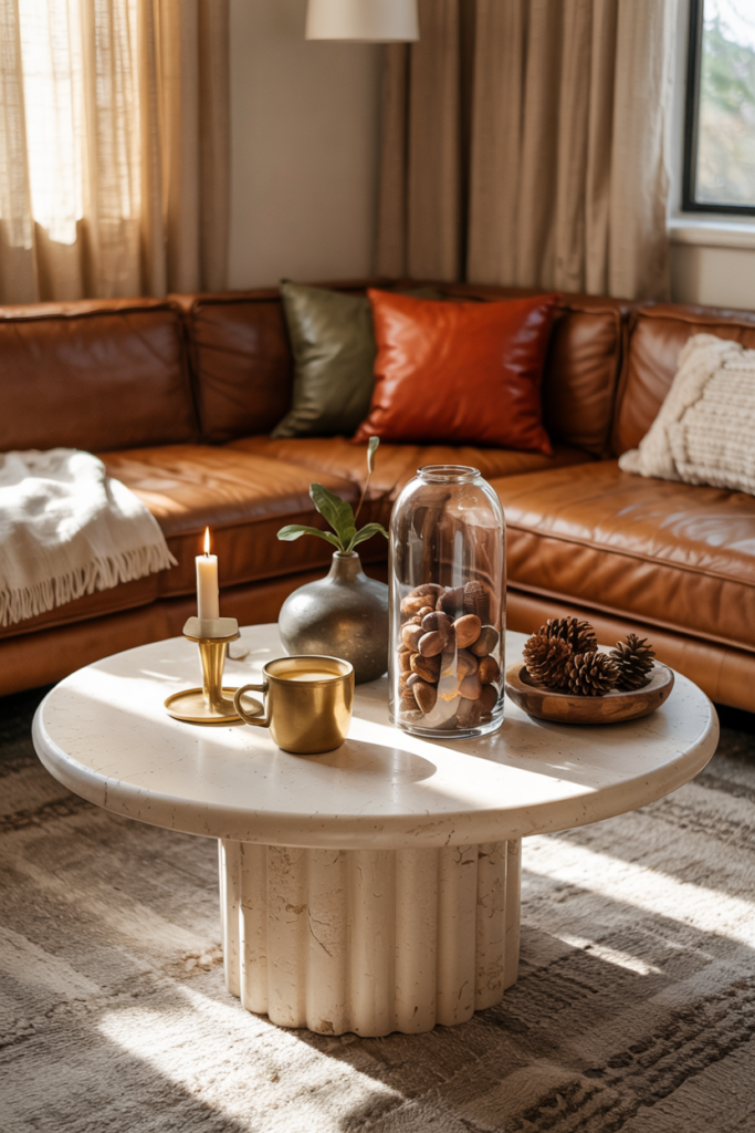 Glass vases and wooden bowls filled with acorns and pinecones, adding natural texture to a modern fall living room.