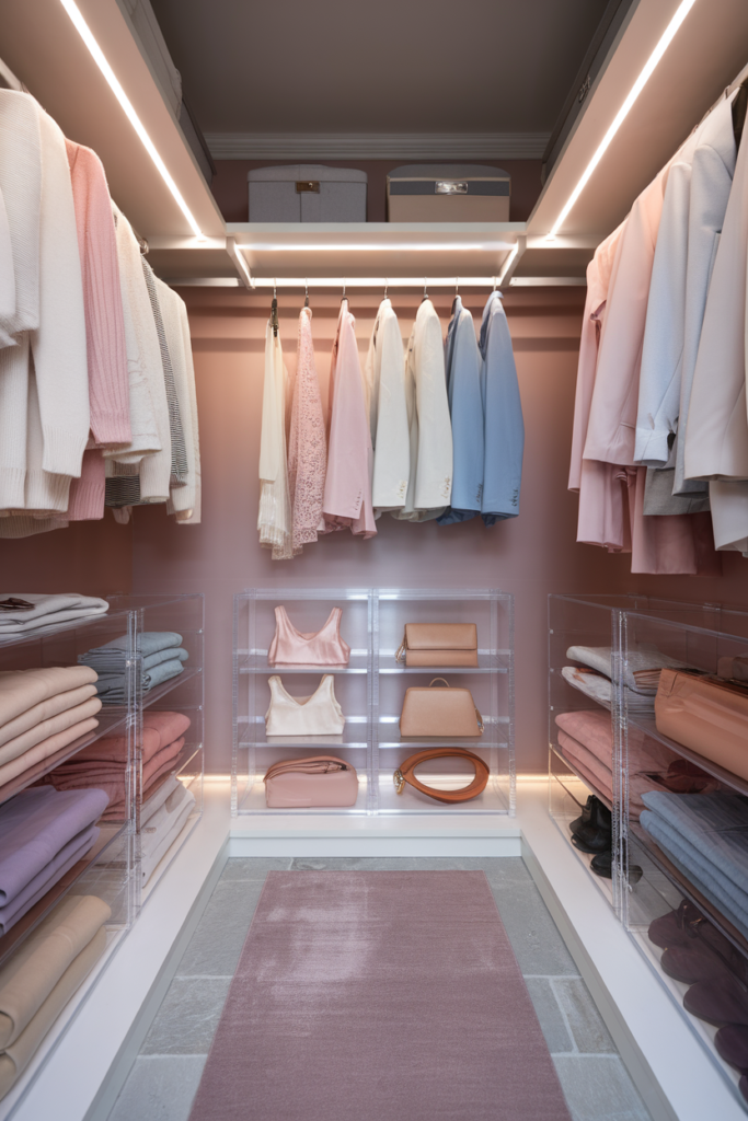 Small walk-in closet with clear acrylic shelf dividers, pastel knits, silk blouses, and color-coded wardrobe pieces under soft LED lights.