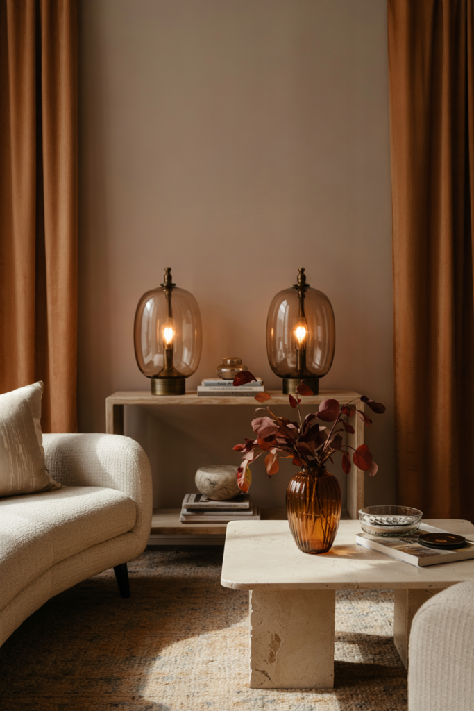 Amber glass table lamps with brass bases casting a warm glow in a modern cozy fall living room.