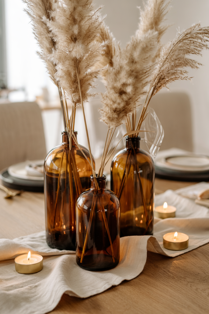 Boho Thanksgiving centerpiece with amber glass bottles, pampas grass, neutral table runner, and cozy modern fall dining setup.