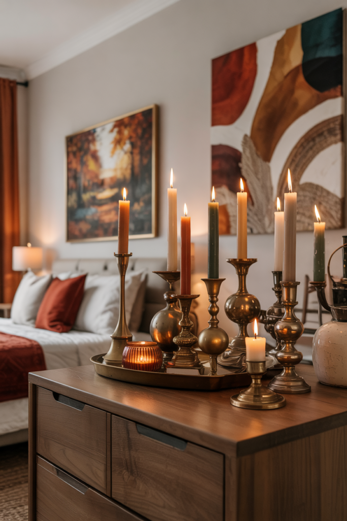 Cozy fall bedroom decorated with antique brass candle holders on a dresser, creating warm ambient lighting and seasonal charm.