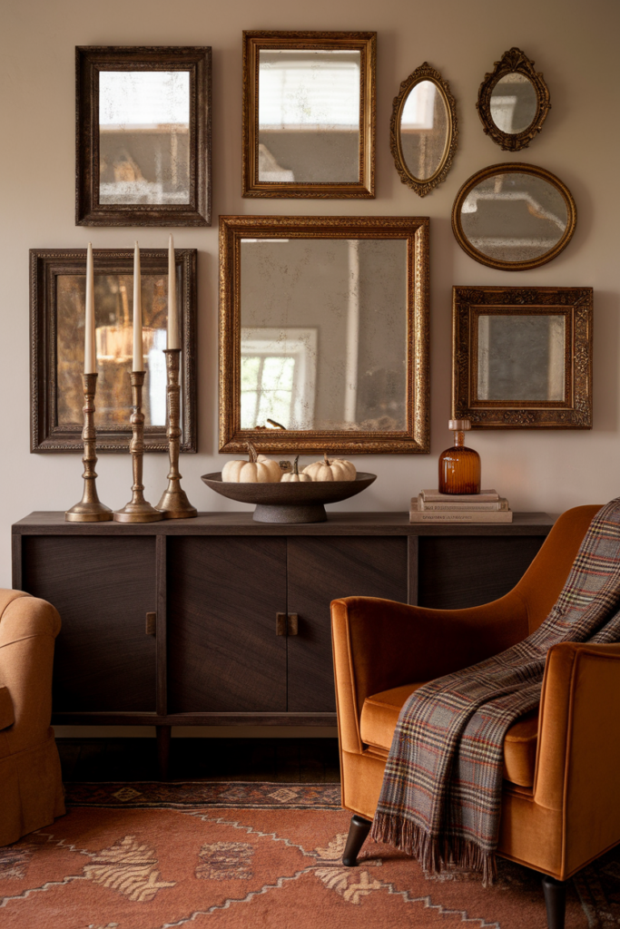 Gallery wall of antique-look gold mirrors with ornate frames reflecting warm autumn light in a modern cozy living room.