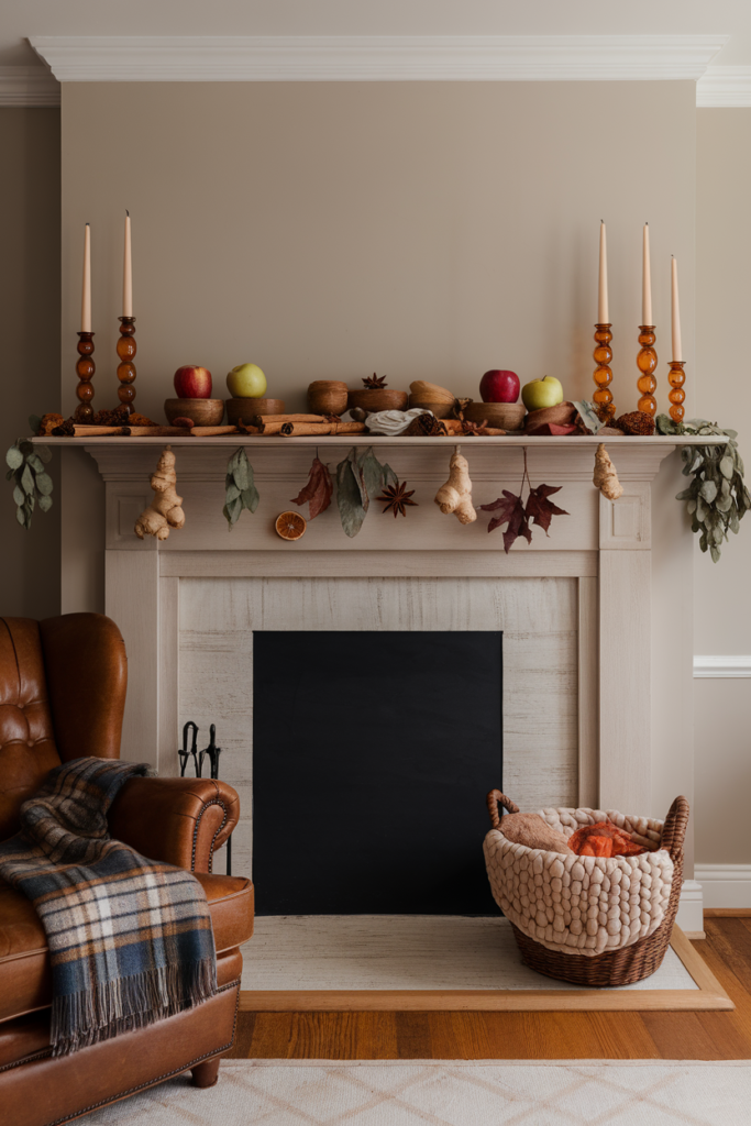 Cozy fireplace mantel with fresh apples, cinnamon sticks, and warm fall tones for a cabincore aesthetic.