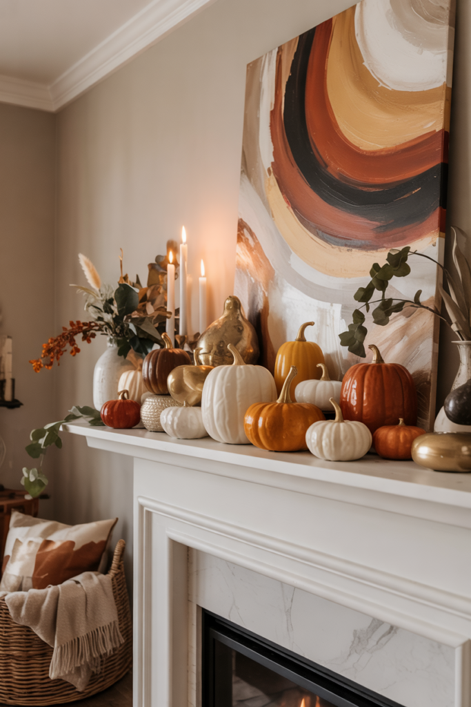 Contemporary mantel with artisan resin pumpkins and textured handmade fall crafts.