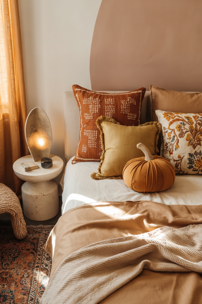 Fall bedroom decor featuring artisanal pillow pairing in rich autumn colors and textured fabrics, adding warmth and handcrafted charm to the bed.