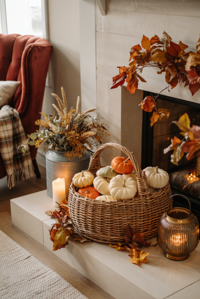 Rustic fall mantel with woven baskets spilling over with pumpkins and leaves.
