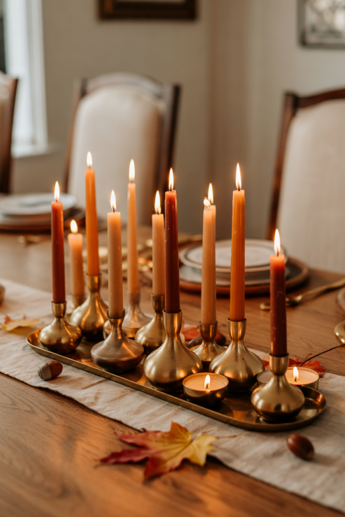 Modern Thanksgiving tablescape featuring brass candle holders with taper candles in burnt orange, amber, and terracotta, styled with ivory plates, pumpkins, and rustic autumn accents.