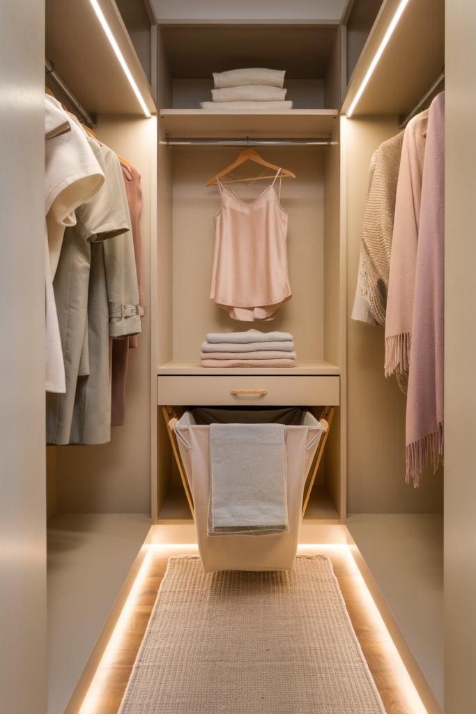 Small luxury closet with built-in laundry drawer, folded pajamas, olive coats, and soft blush-toned sweaters.