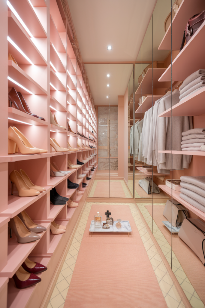 Blush pink shoe wall in a narrow closet displaying color-coordinated heels and flats, with opposite shelves of coats and sweaters.