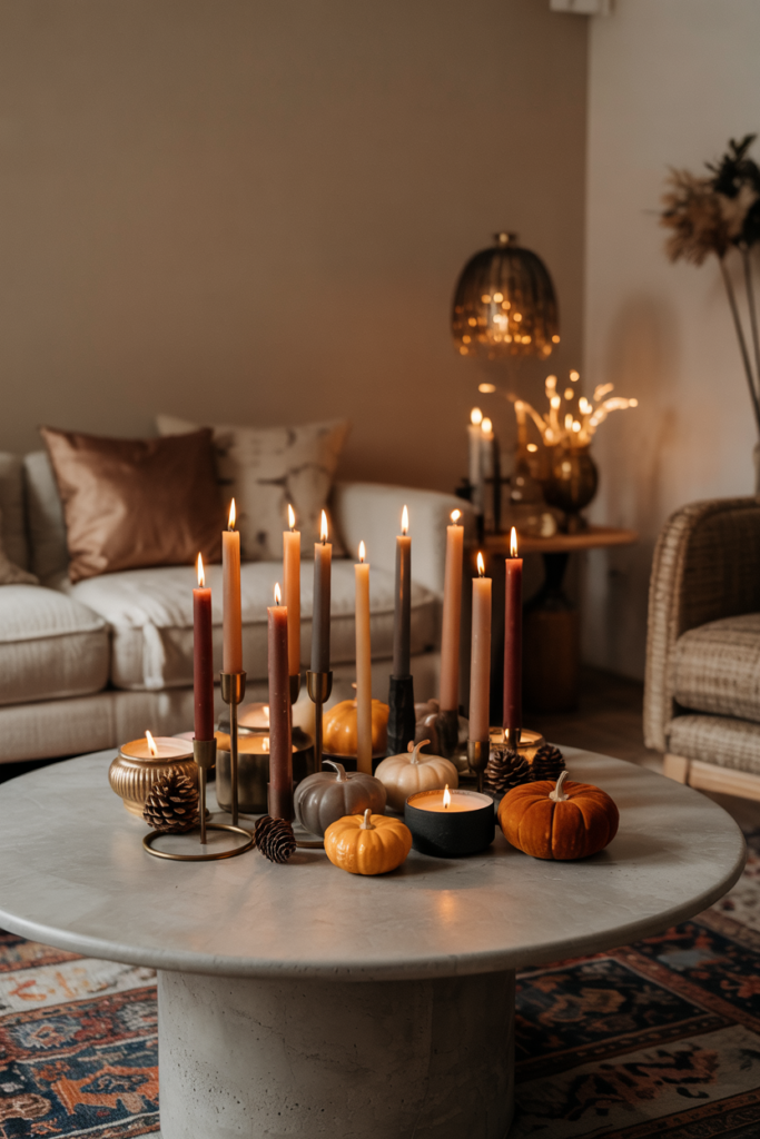 Cluster of candles in varying heights with brass and black holders, creating a warm, cozy autumn ambiance on a modern coffee table.
