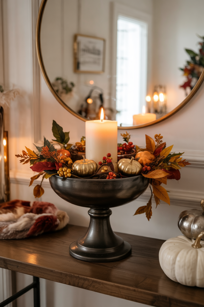 Elegant fall entryway console table centerpiece in a modern traditional interior, with a tall matte black chalice holding an ivory pillar candle surrounded by autumn leaves, berries, and gold pumpkins, styled with seasonal fruit, brass tray, and round gold mirror above.