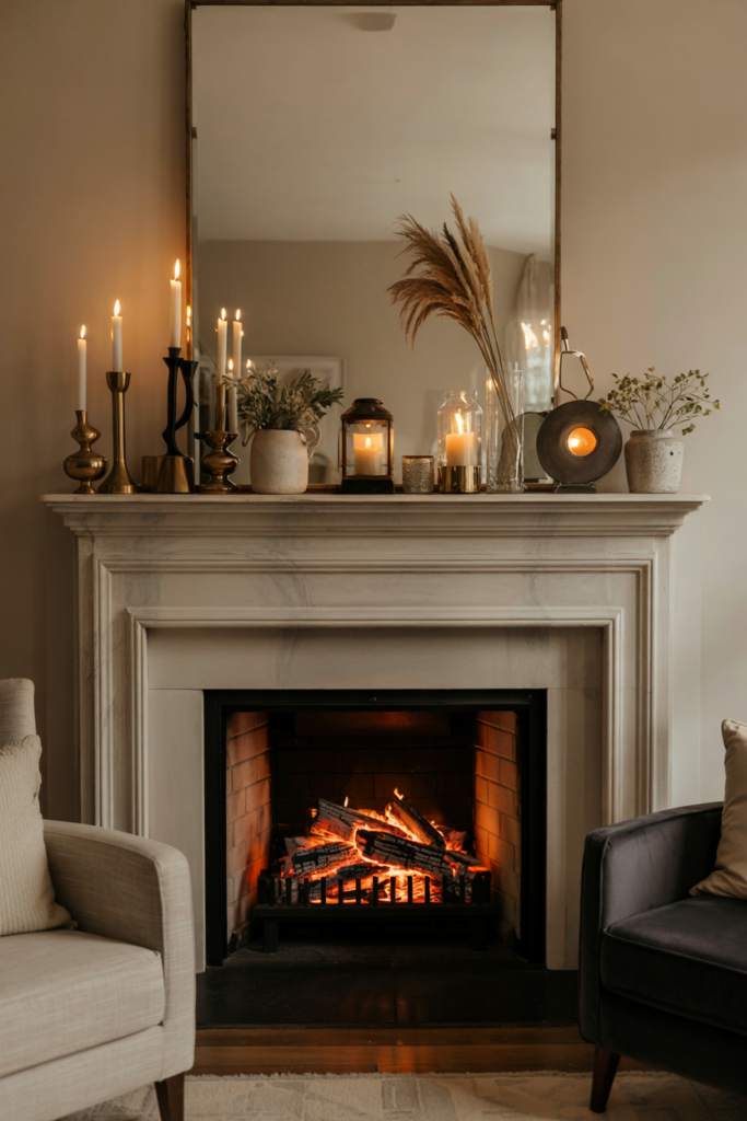 Warm mantel with brass lanterns and candleholders of varying heights for cozy fall ambiance.