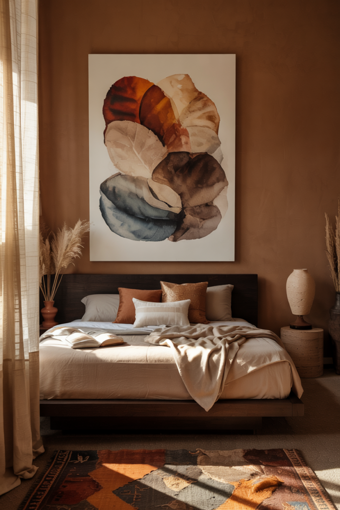 Modern fall bedroom featuring textured canvas wall art in earthy tones of burnt sienna, moss, and sand above a cozy bed