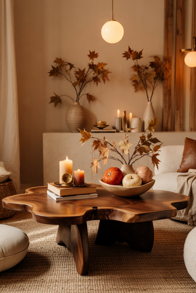 Carved wood coffee table in an organic shape, styled with autumn accents and set in a modern cozy living room.