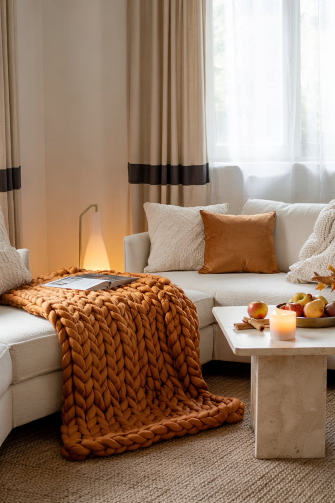 Chunky knit throw blankets in warm autumn tones draped over a modern sofa in a cozy contemporary living room.
