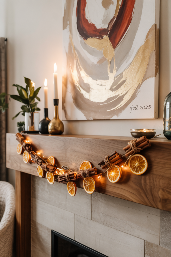 Cinnamon stick and dried orange slice garland draped across a mantel, adding cozy fall fragrance and decor to a modern living room.