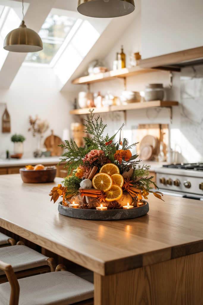 Modern white and wood kitchen island centerpiece with a black stone tray of cedar sprigs, dried oranges, cinnamon sticks, star anise, and gold tea lights, styled under brass pendant lights with linen bar stools tucked beneath.