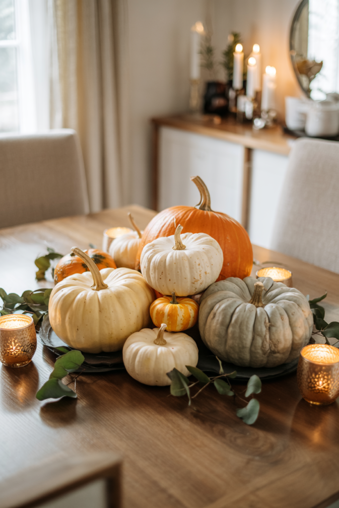 Modern dining room with a cozy fall centerpiece of white pumpkins, eucalyptus, and candles on a wood dining table in a transitional interior.