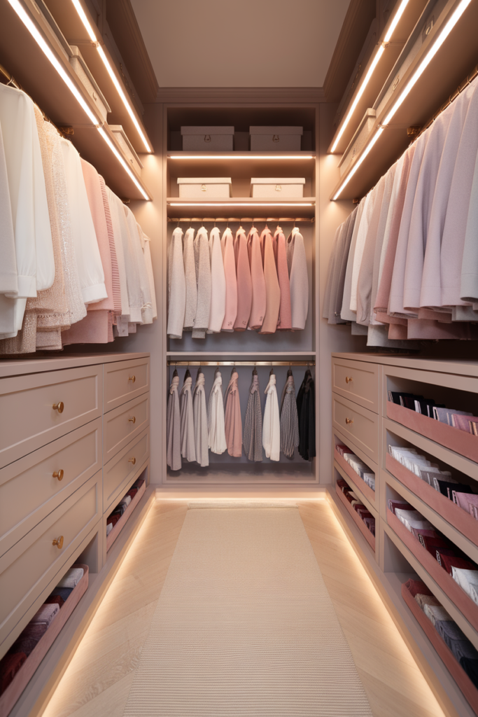 Ultra-tidy closet with gold velvet hangers and color-coded wardrobe ranging from ivory blouses to taupe coats and neutral knits.