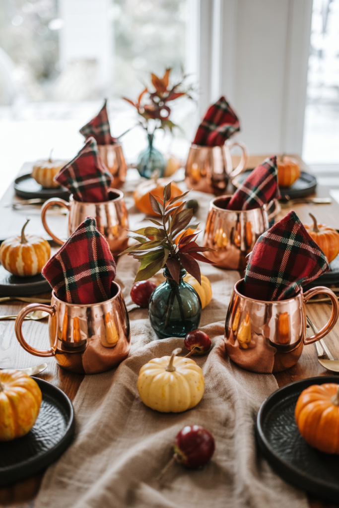 Thanksgiving table setting with shiny copper mugs and plaid napkins, rustic linen runner, autumn leaves, mini pumpkins, dark stoneware plates, and upholstered brown dining chairs, styled in a cozy farmhouse vibe.