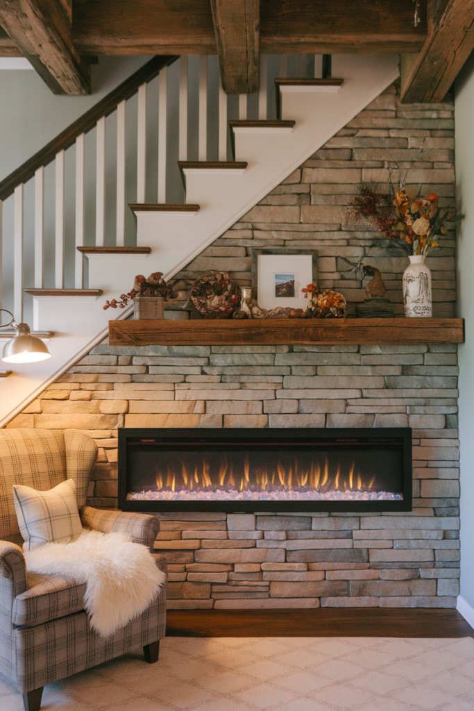 Modern Style Fireplace Under the Staircase Relaxing Nook 