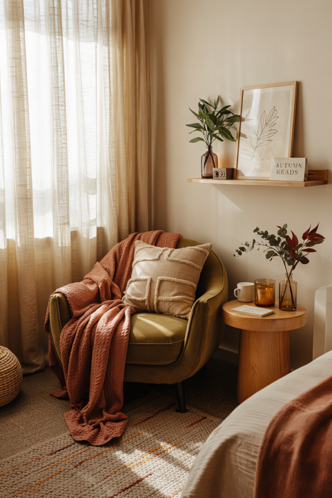 Cozy fall reading nook featuring a wooden tray on a soft armchair, styled with a warm knit throw, a book, and autumnal decor accents.