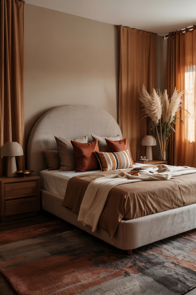 Modern fall bedroom featuring a curved bed frame with a plush upholstered headboard, layered with warm seasonal bedding.