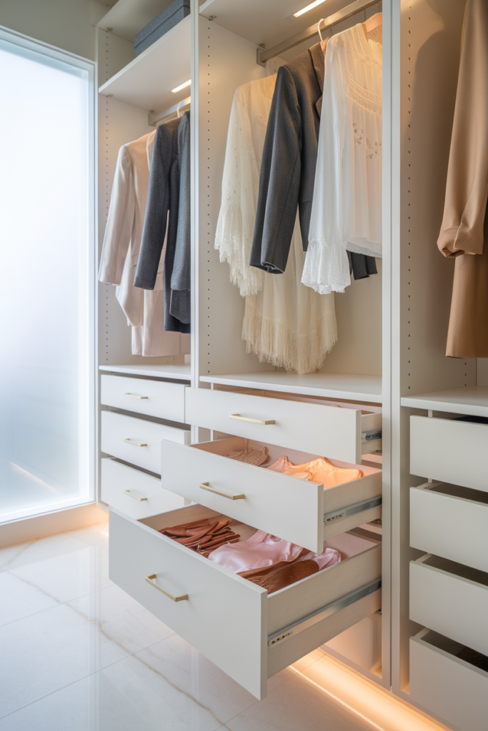 Small luxury closet with sensor-lit drawers showing blush camisoles, pearl jewelry, and soft neutral knits in organized compartments.