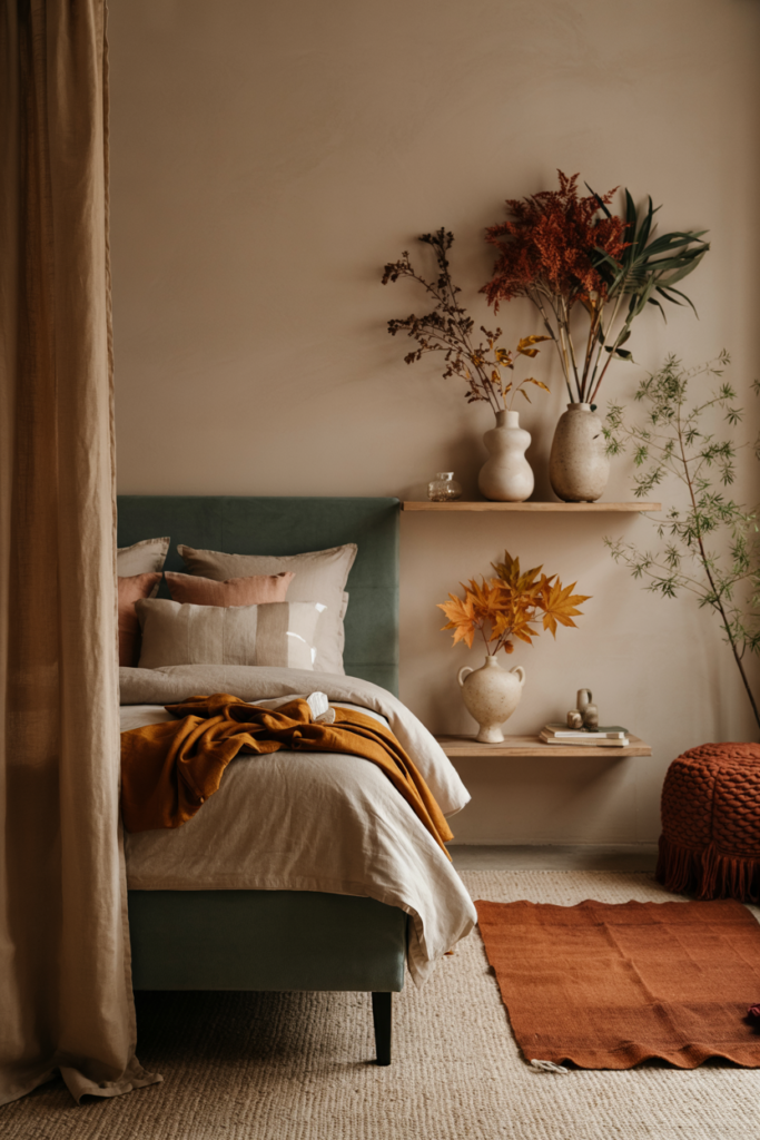 Modern fall bedroom decor with dried botanicals arranged in sculptural vases, bringing earthy tones and organic textures to the space.