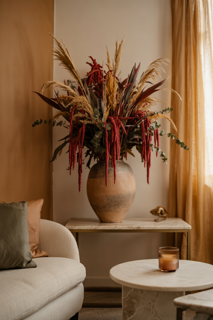 Dried floral arrangements with eucalyptus, wheat, and amaranth in a terracotta vase, adding natural warmth to a modern fall living room.