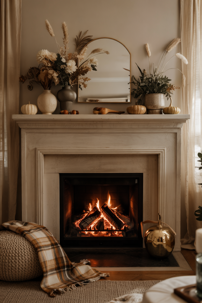 Elegant mantel decorated with dried flowers, seed pods, and earthy fall stems for a timeless autumn look.