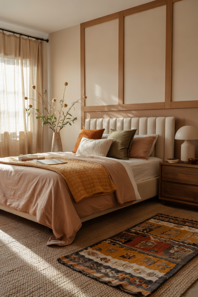 Modern fall bedroom featuring earth-toned layered rugs in warm rust, mustard, and beige, adding texture and seasonal warmth to the floor.