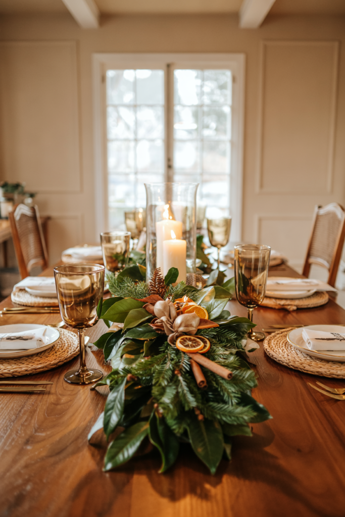 Transitional formal dining room fall centerpiece featuring a lush magnolia and evergreen garland with dried orange slices and cinnamon sticks, styled down a walnut dining table with cream dinnerware, gold flatware, and flickering glass hurricane candles.