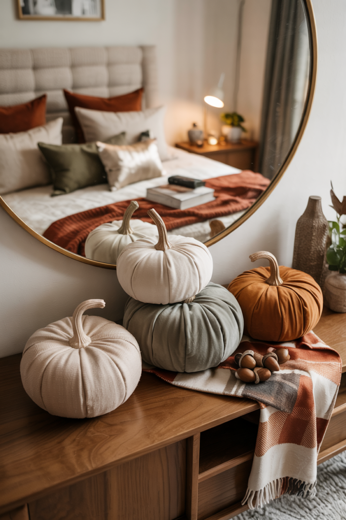 Cozy fall bedroom decorated with fabric pumpkins in boucle and suede textures, arranged in front of a round brass-framed mirror.