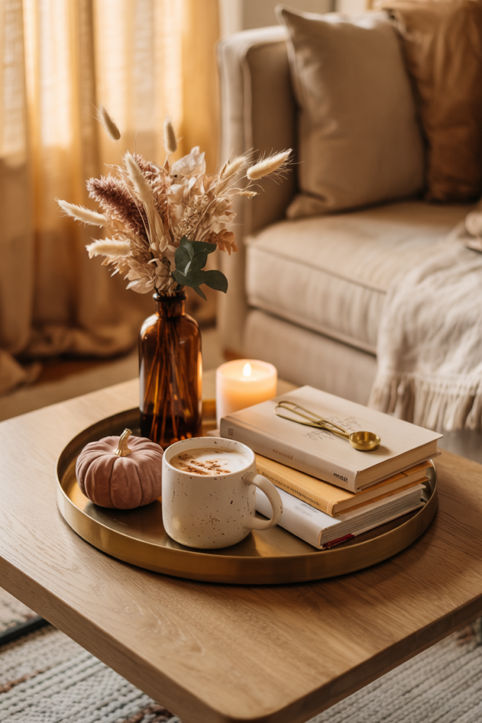 Fall-themed coffee table tray styled with dried florals, a ceramic mug, and a small stack of books in a cozy modern living room.