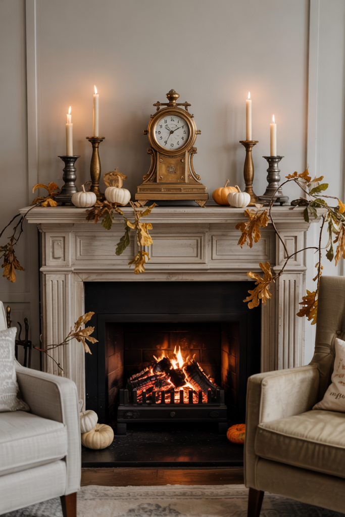 Cozy mantel mixing vintage heirlooms with seasonal fall décor.