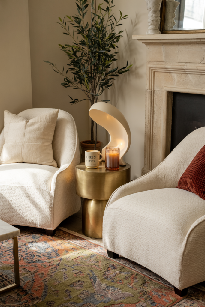 Faux mohair accent chairs with sherpa texture, styled in a modern fall living room with warm seasonal décor.