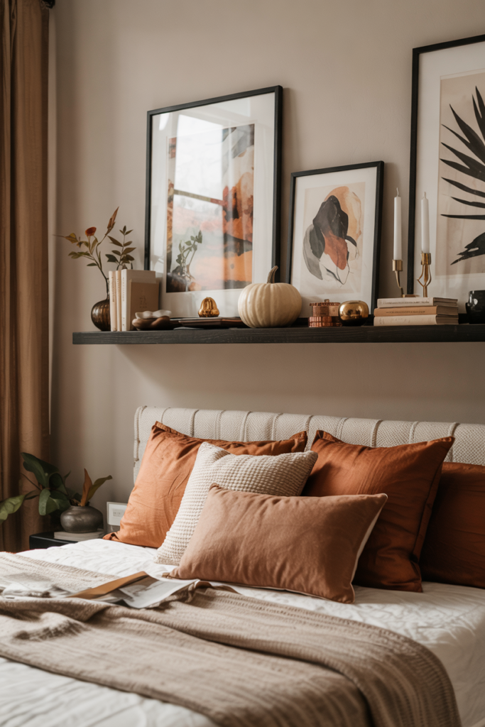 Contemporary fall bedroom with a floating gallery shelf above the bed, styled with seasonal decor like ceramic pumpkins, framed art, and brass candle holders.