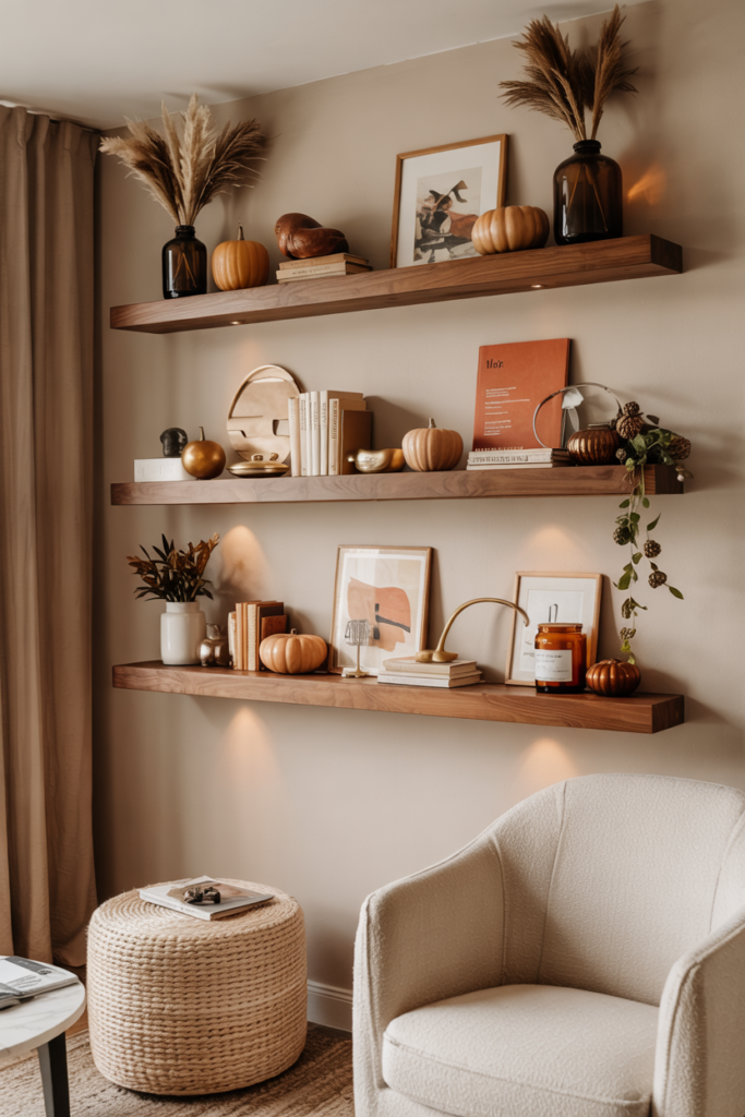 Floating wood shelves styled with autumn vignettes including candles, small pumpkins, books, and amber glass bottles in a modern fall living room.