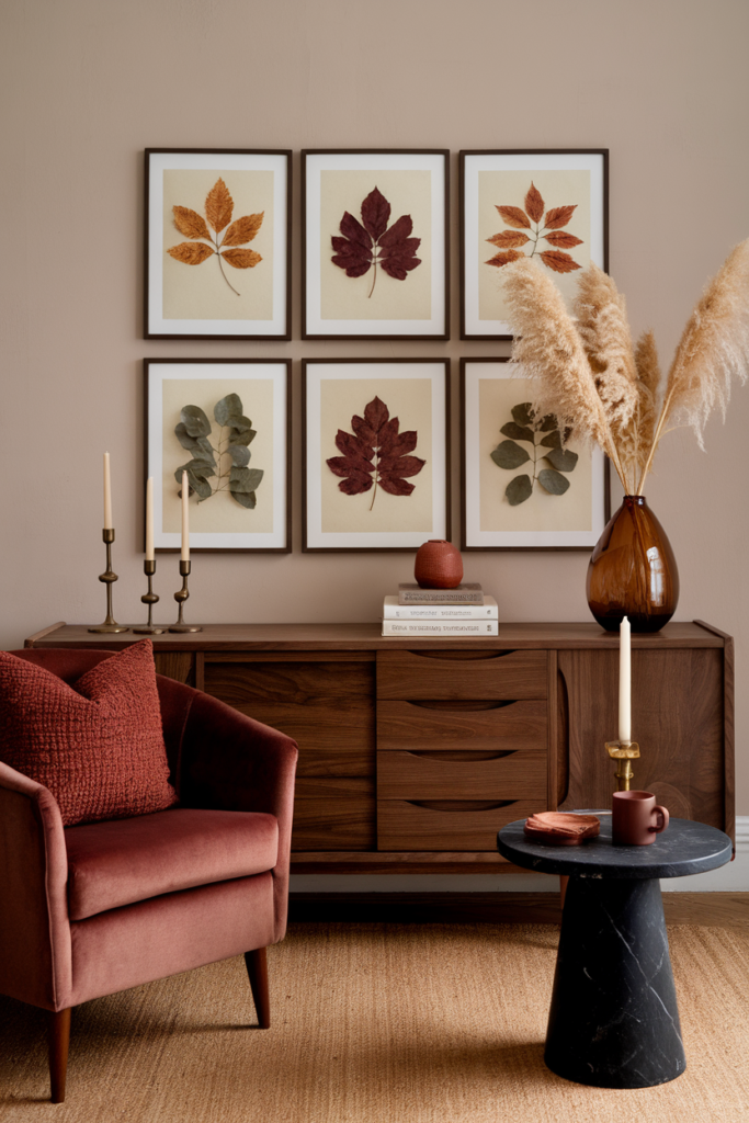 Framed botanical pressed leaves in warm autumn colors displayed on a living room wall above a walnut sideboard.