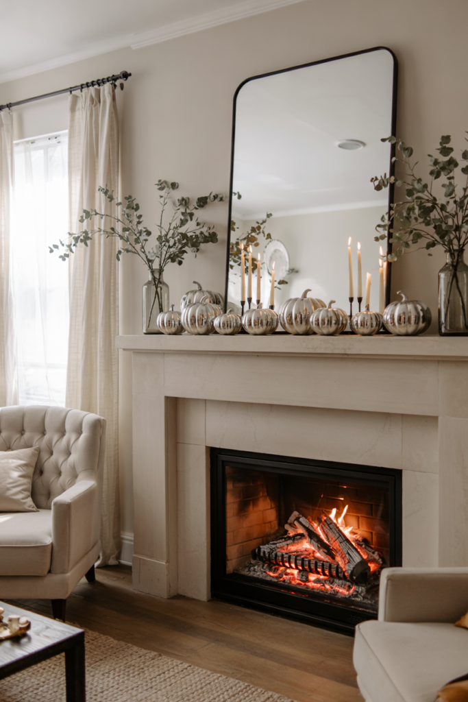 Chic mantel decorated with mini white pumpkins and modern glass autumn accents.