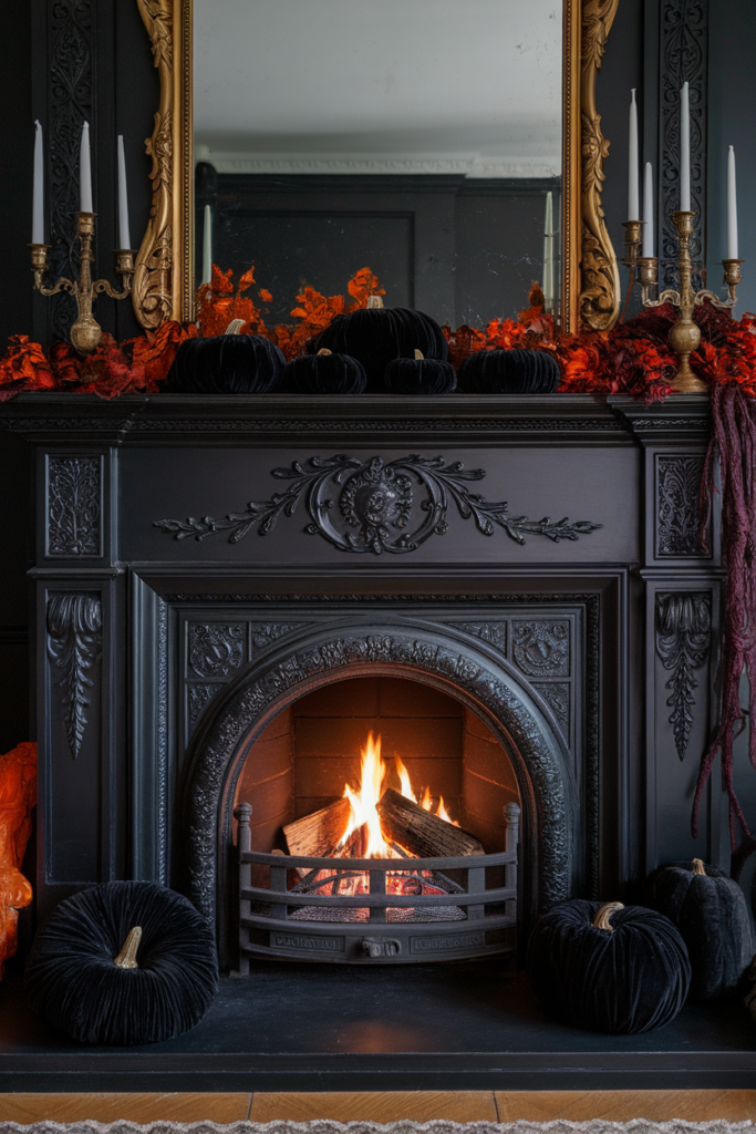 Gothic Victorian Halloween mantel with black velvet pumpkins and brass candlesticks.