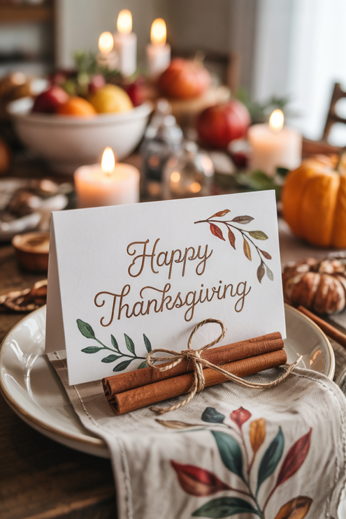 A cozy Thanksgiving table with hand-lettered place cards tied to cinnamon sticks, ivory plates on wooden chargers, eucalyptus sprigs, candles, and a woven bread basket adding rustic seasonal charm.