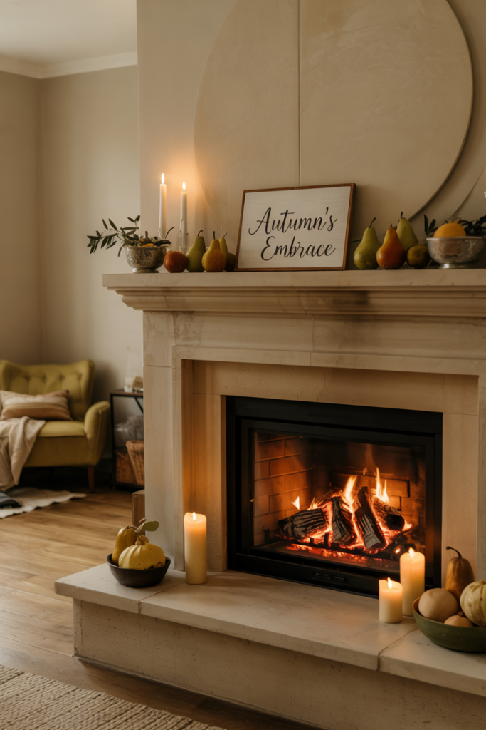 Seasonal mantel decorated with harvest pears, gourds, and rustic fall foliage.