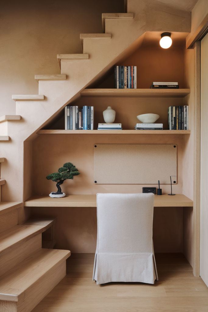 Japandi Style Home Office Area Under the Staircase