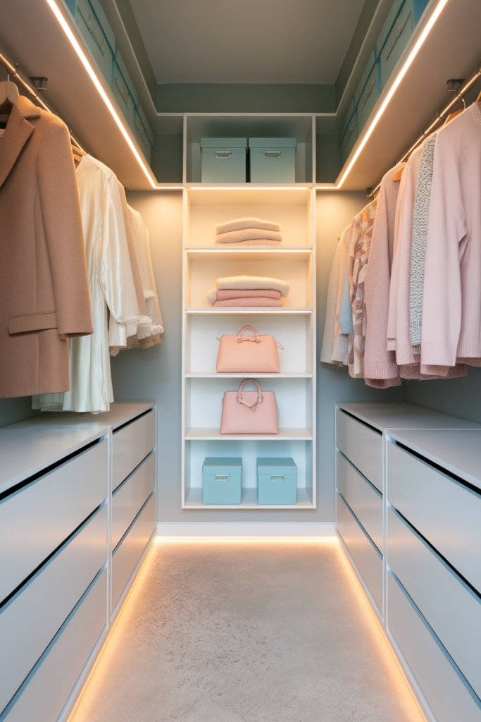 Small, bright walk-in closet with warm baseboard LED lighting, soft cashmere cardigans, and pastel accessories on open shelves.