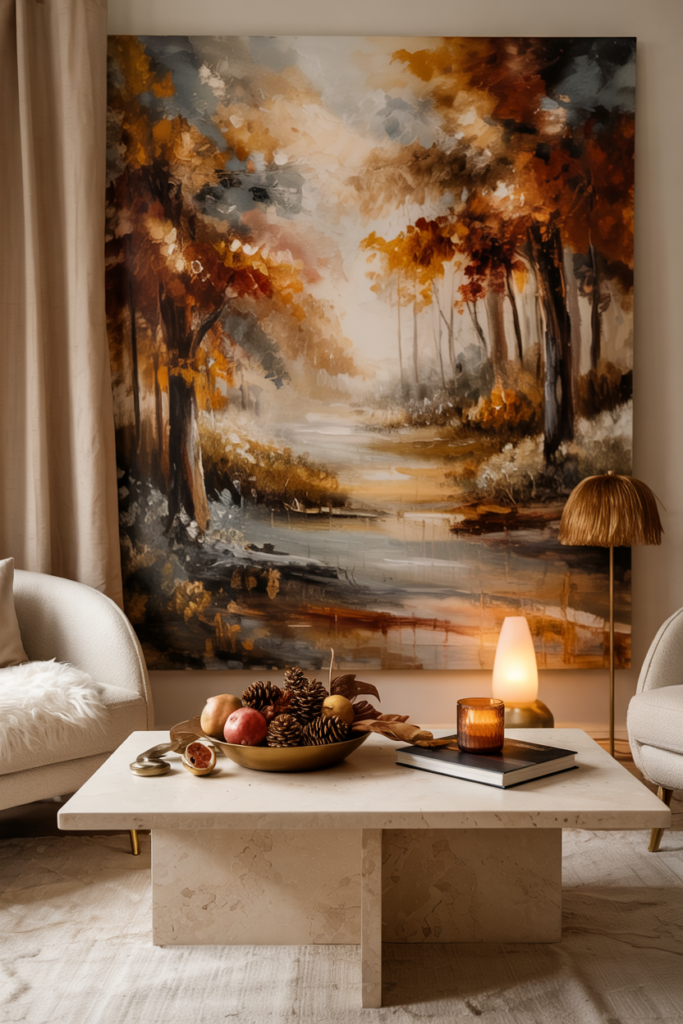Large abstract canvas art in warm autumn tones of rust, ochre, and cream, hanging above a modern sofa in a cozy contemporary living room.